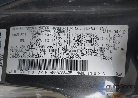 2012 Toyota Tacoma from USA, damaged, VIN 5TFUX4EN9CX013804